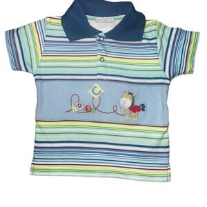 Vintage 90s baby boy Horsey embroidered blue and green striped polo shirt 6/12 M